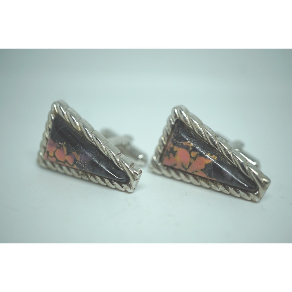Speidel Vintage Mens Triangular Cufflinks Silver Tone Black Salmon Marbled Stone